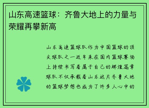 山东高速篮球：齐鲁大地上的力量与荣耀再攀新高