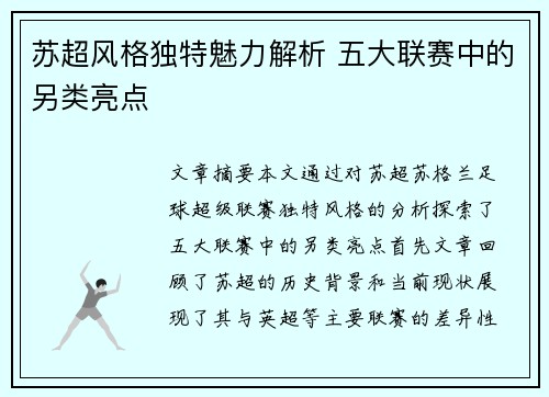 苏超风格独特魅力解析 五大联赛中的另类亮点